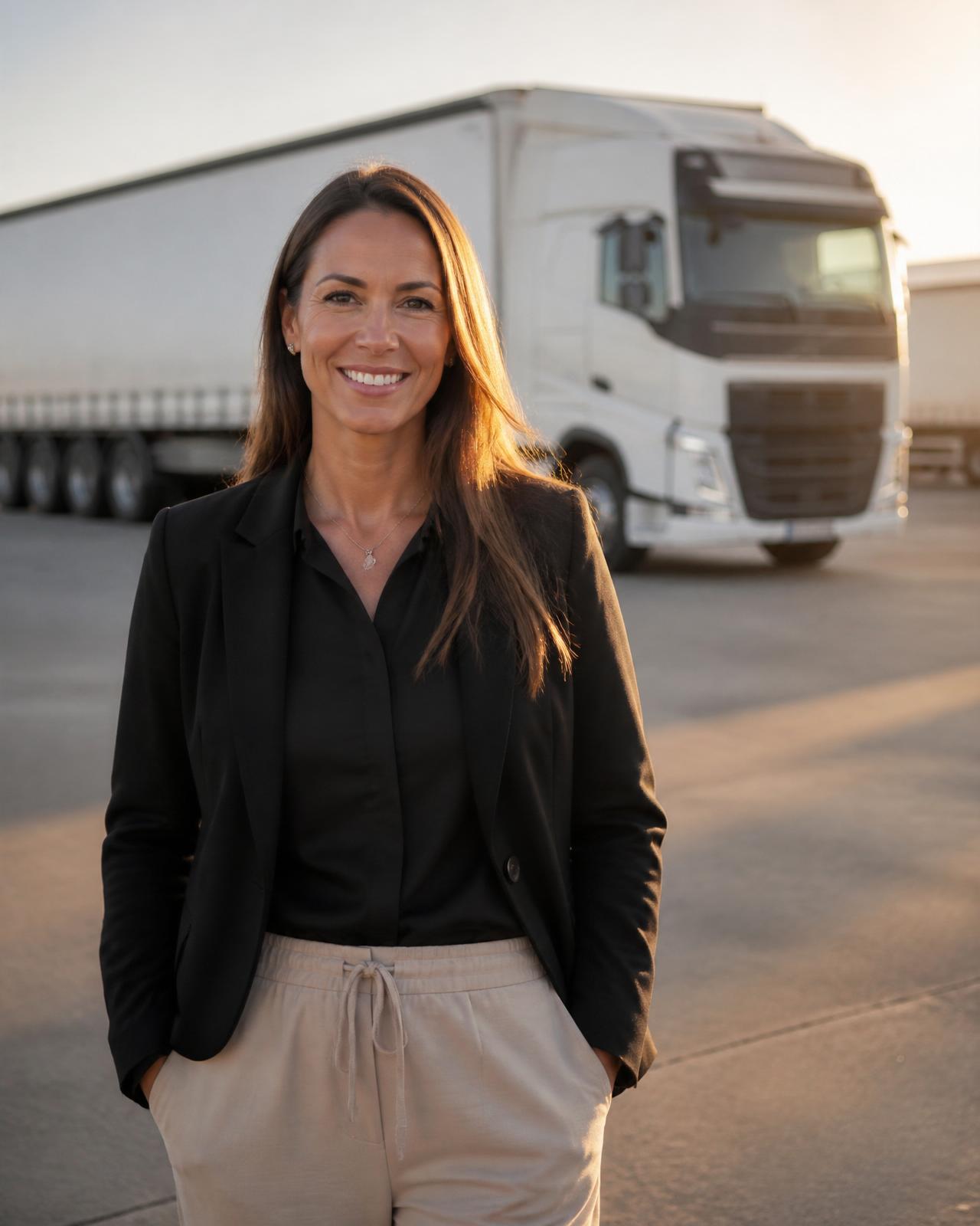 Moovd's founder, a confident female business owner, standing in a freight yard at golden hour