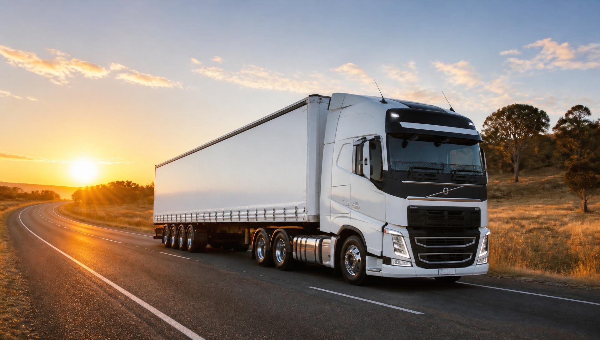 Open Australian highway at sunrise with a clean white freight truck heading into the distance