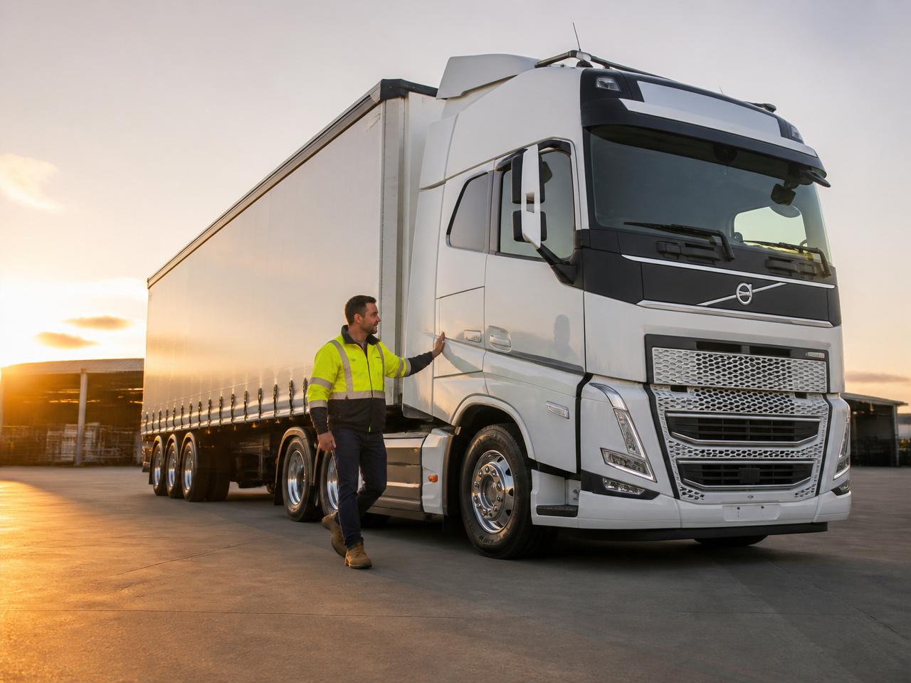 Driver doing a routine walk-around check of a truck in an Australian yard at dawn