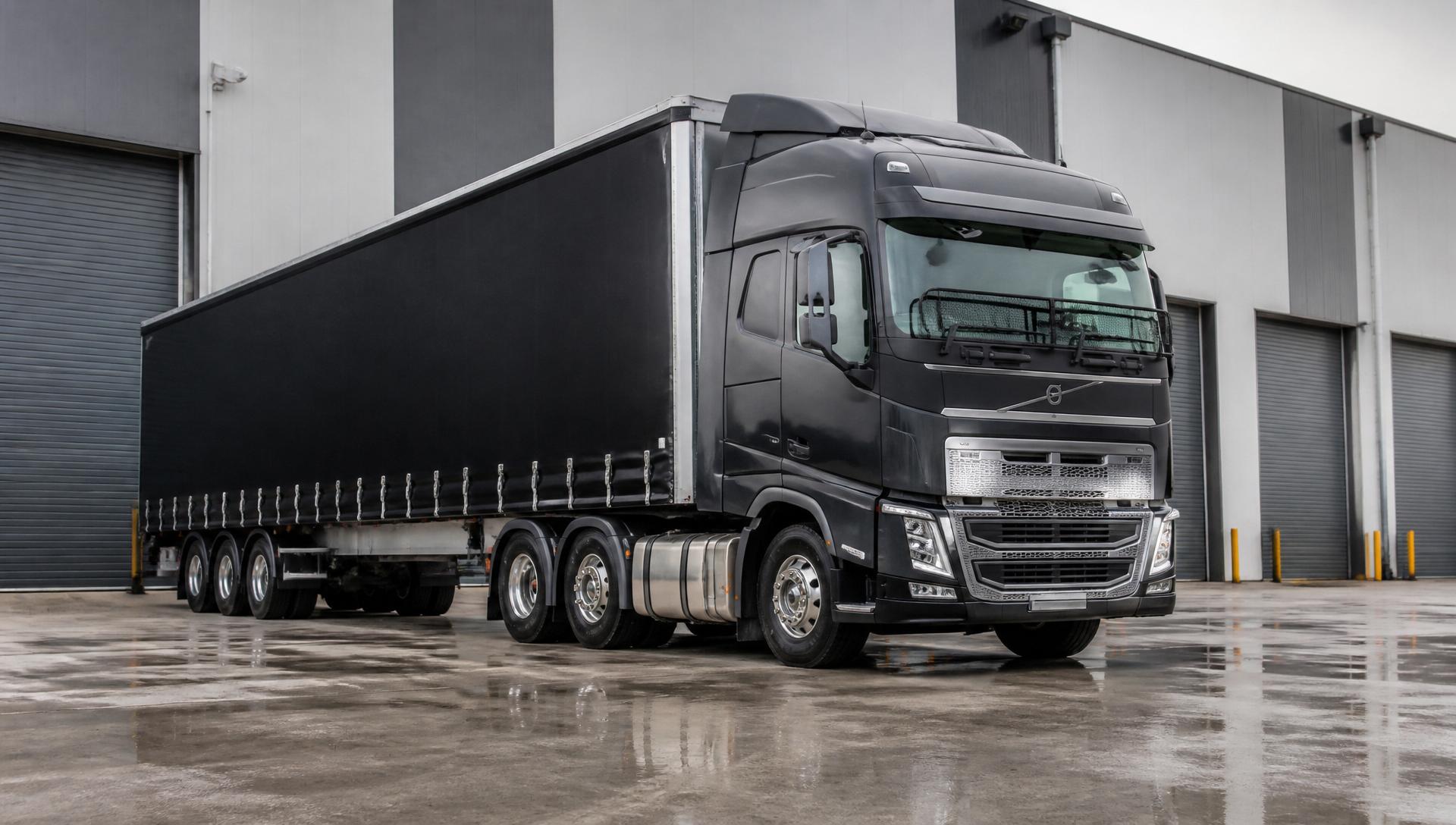 Black Volvo prime mover and curtainside trailer at an Australian depot at dusk