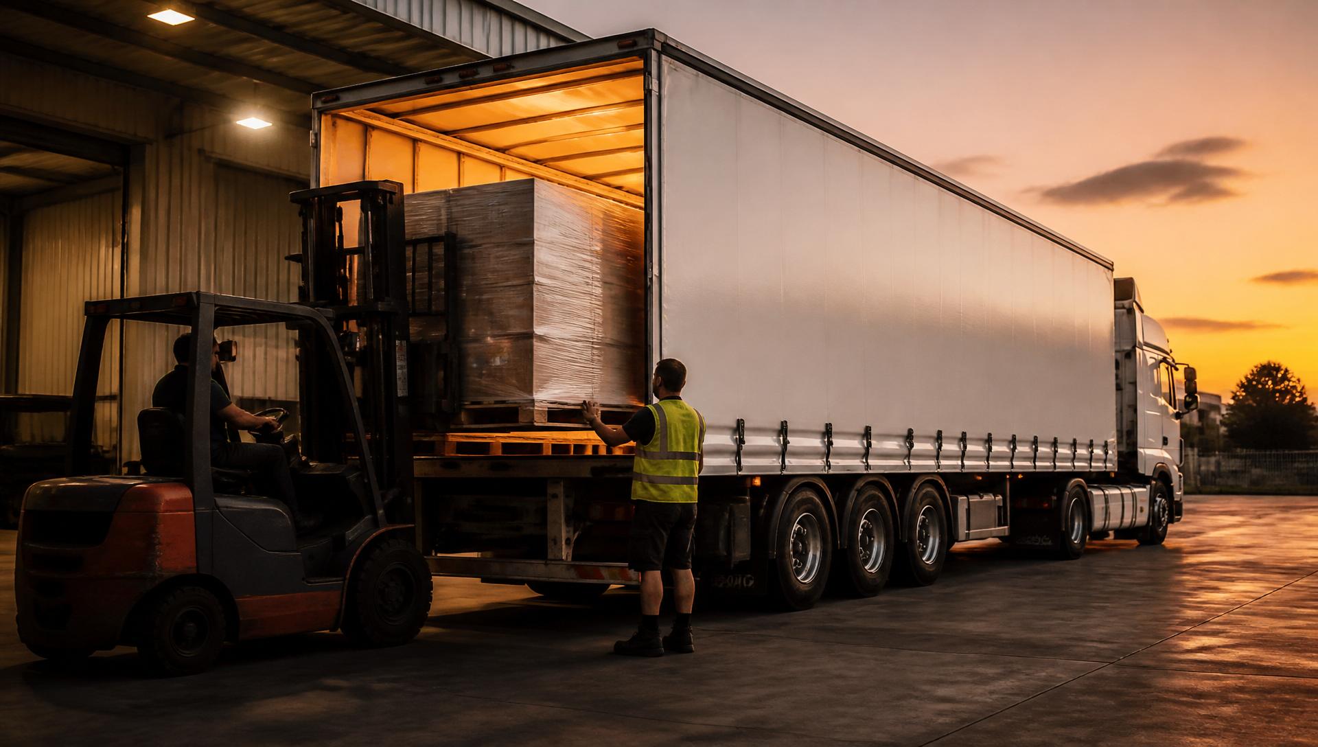 Clean white truck parked at a modern Australian warehouse loading dock at dusk with warm light