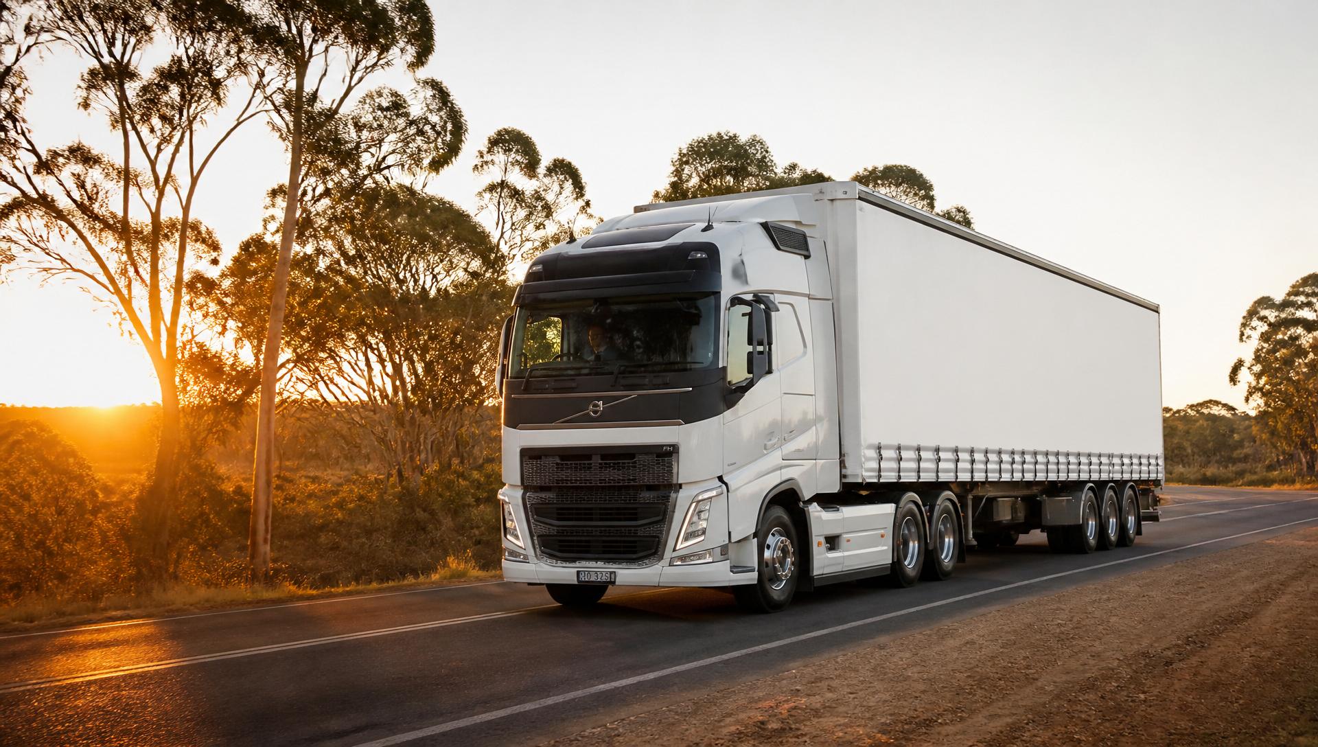 White curtainsider truck travelling on an open Australian country road at sunrise