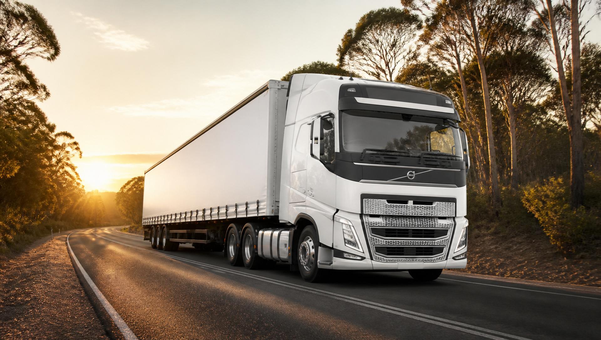 Modern white curtainsider truck travelling on an Australian highway at sunrise