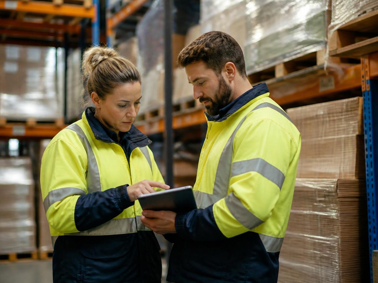 Two Moovd logistics professionals planning tailored freight solutions in an Australian warehouse