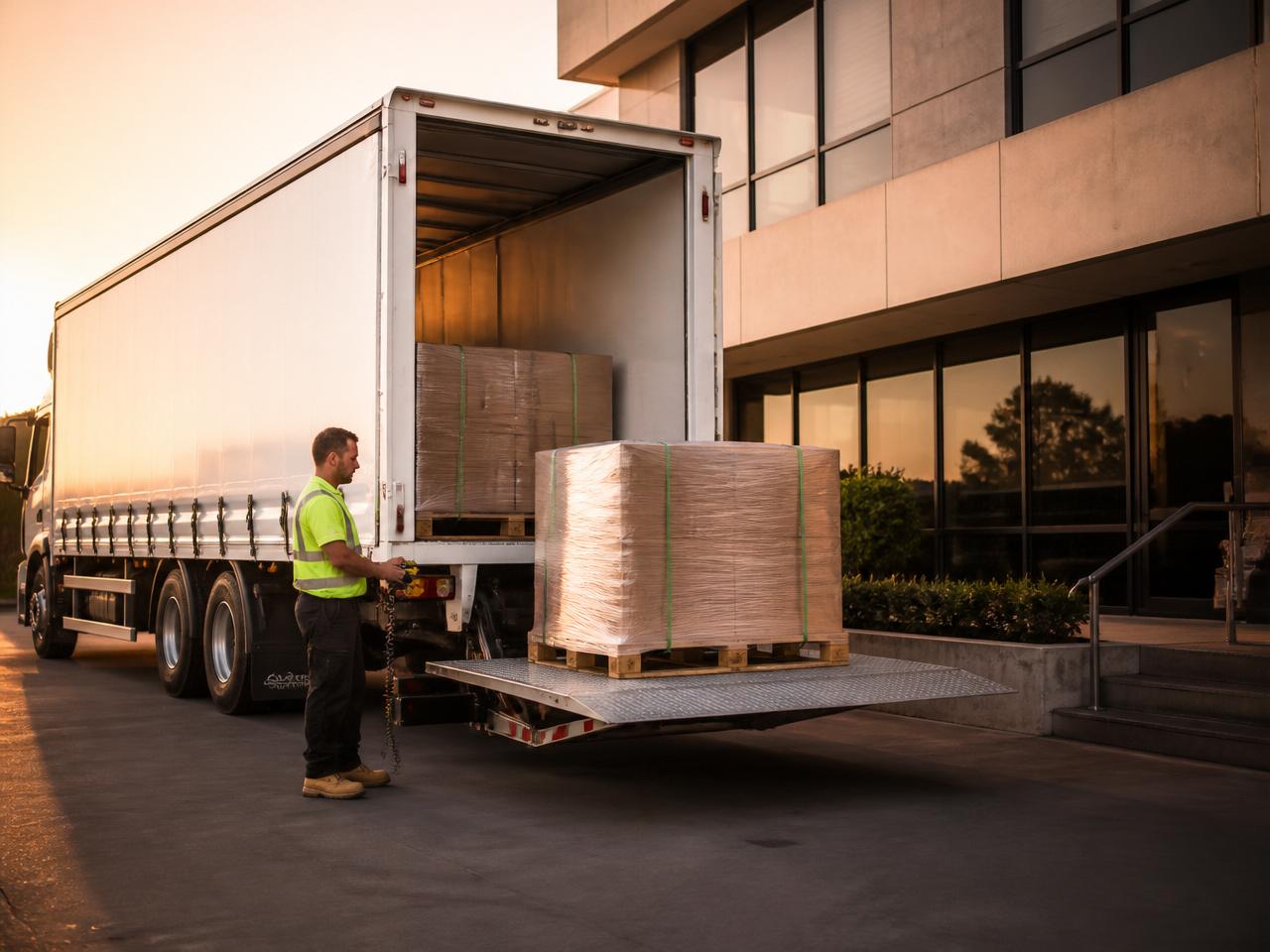 Driver using a hydraulic tailgate lift to safely lower a pallet at a business without forklift access